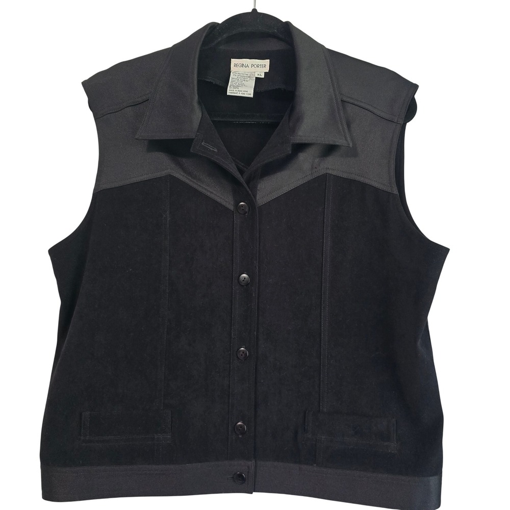 Regina Porter Black Faux Suede Western Yoke Button Front Vest XL Sleeveless Top